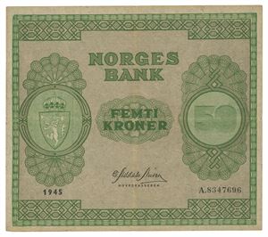 Norway. 50 kroner 1945. A8347696. Liten rift og senterhull/minor tear and middle hole