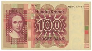 100 kroner 1977. QB0035917. Erstatningsseddel/replacement note