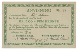 J. Schanche Olsen/Polaris Fabrikker, Sandnes, 5 kroner 10/5-1940. Nr.38. Blyantskrift på revers/pencilwriting on reverse