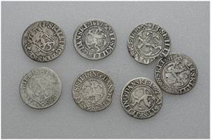 Lot 7 stk. 2 skilling 1687, 1689, 1690, 1691, 1692, 1698 og 1699