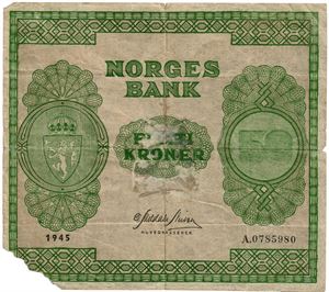 50 kroner 1945. A0785980. Mangler/corner missing