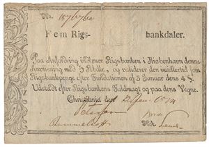 5 rigsbankdaler 12. jan. 1814. No.187676a. Delvis oppklebet, to stifthull/partly mounted, two pinholes