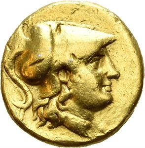 BITHYNIA, Kalchedon. Circa 260-220 BC. AV Stater (8.11 g). In the name and types of Alexander III of Macedon. Helmeted head of Athena right / Nike standing left, holding wreath and stylis; KA monogram in left field, monogram below left wing. A small edge cut and tiny marks. A bit harshly cleaned. Very rare civic issue.