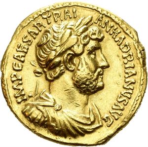 Hadrian. AD 117-138. AV aureus, Roma, AD 119-122, (6,86 g). Laureate, draped and cuirassed bust of Hadrian right / P M TR P – COS III Mars, helmeted, standing facing, foot on helmet, holding spear and parazonium. Tiny circulation marks and scratches. Well struck and with a noble portrait of fine style.
