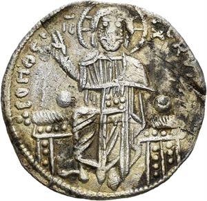 Andronicus II & Michael IX 1295-1320, basilikon, Constantinople, 1304-1320. Kristus på trone/Andronicus og Michael stående. Flekker/spots