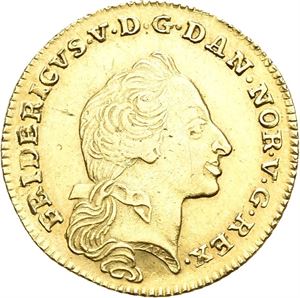 Frederik V, kurantdukat 1761. Riper på revers/scratches on reverse