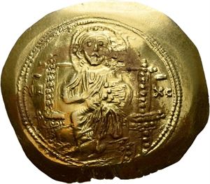 Michael VII Ducas 1071-1078, histamenon nomisma (4,31 g). Kristus på trone/Byste av Michael. Noe misfarget/some discoloration. Meget sjelden/very rare