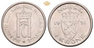 1 krone 1951 Type II.  Nær prakt.