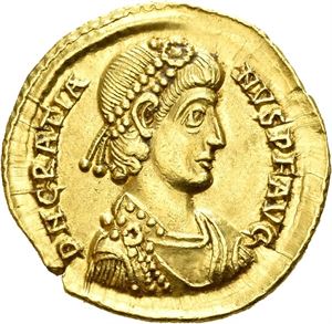 Gratian 367-383, AV solidus, Northern Italian mint 383 A.D. (4,49 g). His diad. head r./Valens and Valentinian enthroned facing holding globe between them, above Victory facing