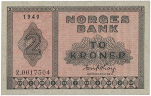 2 kroner 1949. Z.0017504. Erstatningsseddel.