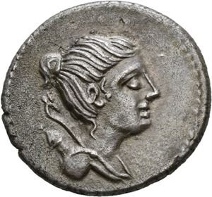 C. Postumius 74 vf.Kr., denarius. Hode av Diana mot høyre/Hund løpende mot høyre