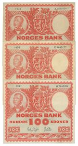 Norway. Lott 3 stk. 100 kroner 1949 A, 1957 E og 1961 H