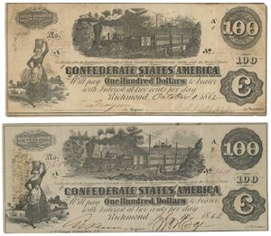 Virginia, Richmond. Lott 2 stk. 100 dollar 10.7.1862 og 1.10.1862.