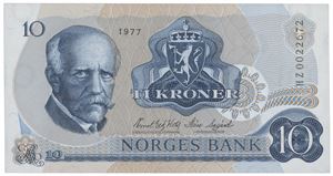 10 kroner 1977. HZ0022672. Erstatningsseddel/replacement note