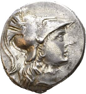 PAMPHYLIA, Side. Circa 205-100 BC. AR tetradrachm (16,85 g). Head of Athena to right, wearing crested Corinthian helmet / Nike advancing left, holding wreath; pomegranate above thunderbolt and AP monogram (magistrate) in left field. Obverse slightly double struck. Obverse a bit weakly struck. Good preserved surfaces with light golden toning around devices.