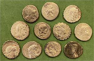 LOT #8. 11 Roman Republic AR denarii. Some corroded and most with bright surfaces beacuse of intensive cleaning. Total of 11 coins in lot.