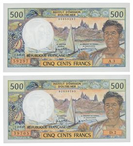 Lott 2 stk. 500 francs ND (1985) fra Ny-Caledonia og Tahiti