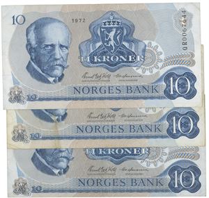 Lott 3 stk. 10 kroner 1972 QP, QR og QT. Erstatningssedler/replacement notes