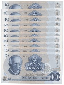 10 kroner 1978. HP0085621-30. Erstatningssedler, 10 stk.