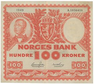 100 kroner 1949. A.1656458. Liten flekk/small stain