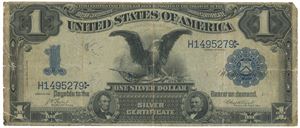 1 dollar 1899. Silver Certificate. No. H1495279. Kantrifter, hjørnemangel