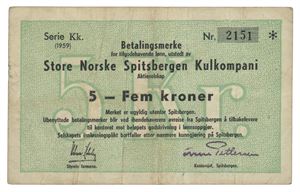 5 kroner 1959. Serie Kk. Nr.2151. RR. Signert av flere personer med blekk på baksiden/signed by several people in ink on the backside