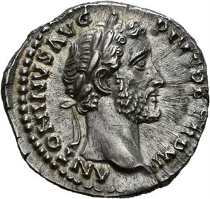 Antoninus Pius 138-161, denaius, Roma 148-149 e.Kr. R: Antoninus stående mot venstre