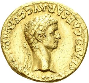 CLAUDIUS & AGRIPPINA JR:, aureus, Roma 50-54 e.Kr. (7,46 g). Hode av Claudius mot høyre/Hode av Agrippina mot høyre