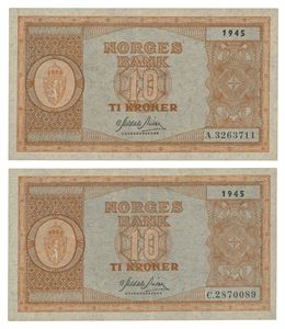 Norway. Lott 2 stk. 10 kroner 1945. A3263711 og C2870089