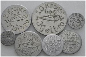 J. F. Kjølbro, Klaksvik, komplett sett 7 stk. 10 kroner til 10 øre. Brukt i perioden 1930-1933