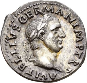 VITELLIUS 69 e.Kr., denarius. R: Tripod med delfin og ravn