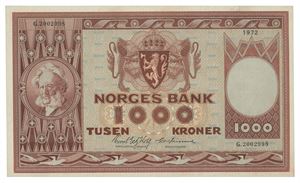1000 kroner 1972. G.2002998. Erstatningsseddel