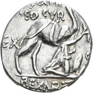 M. AEMILIUS SCAURUS & P. PLAUTIUS HYPSAEUS 58 f.Kr., denarius. Kong Aretas knelende foran kamel/Jupiter i quadriga mot venstre