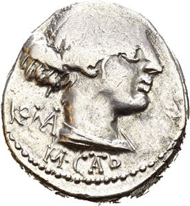 M. Porcius Cato. 89 BC. AR denarius, Roma, (3,82 g). Diademed and draped female bust right; ROMA to left with (MA) in monogram.; M•CATO below bust (AT in monogram) / Victory seated right, holding palm frond and patera; VICTRIX in exergue (TR in monogram). Area of flat strike on obverse. Brushed. Bright surfaces.