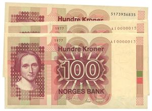 Lot 3 stk. 100 kroner 1977. A0000013 og 15, 1993