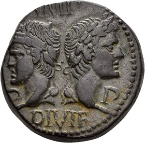 AUGUSTUS & AGRIPPA, Æ dupondius, Nemausus etter 10 e.Kr., Hode av Augustus og Agrippa/Krokodille mot høyre, bundet til palme