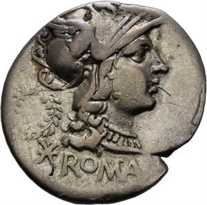 C. Serveilius 136 f.Kr., denarius. Hode av Roma mot høyre/Dioscurene til hest. Pregesprekk/striking crack