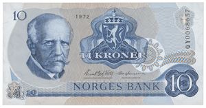 10 kroner 1972. QY0068657. Erstatningsseddel/replacement note