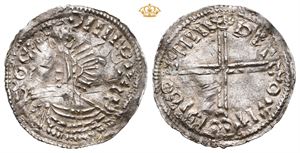 Penning, ukjent pregested. (1,22 g). Immitasjon av Æthelred II's Long Cross type. Noe buklet, dobbeltpræg/slightly creased and double struck