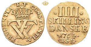 4 skilling 1764. Gullavslag/gold strike (3,12 g). RRR. Filespor på randen/traces of filing on the edge. S.16a