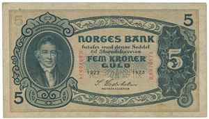 5 kroner 1923 H 8816974.  En del bølger i papiret.