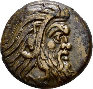 KIMMERIAN BOSPOROS, Pantikapaion. Circa 310-304 BC. Æ 21 (7,51 g). Bearded head of satyr to right / GAN, Forepart of griffin advancing left, sturgeon below. Fine glossy light brown patina with a few green deposits. Rare.