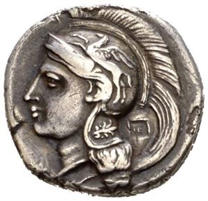 LUCANIA, Velia, ca.280 f.Kr., didrachme (7,09 g). Hode av Athene mot venstre/Løve angriper hjort mot høyre