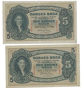 Lott 2 stk. 5 kroner 1938 P og 1942 U.