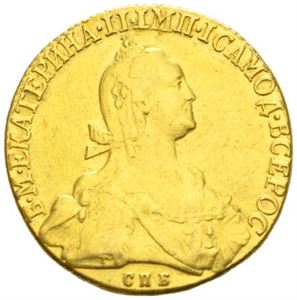 Catharina II, 10 rubel 1775, St. Petersburg. Har vært anhengt, ripe/has been mounted, scratch.