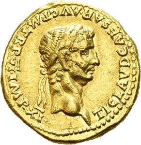 Claudius. AD 41-54. AV aureus, Roma AD 46-47, (7,77 g). Laureate head of Claudius left / SPQR P*P OB CS, in three lines, all within oak-wreath. A few minor marks and tiny scratches. Attractive in hand.