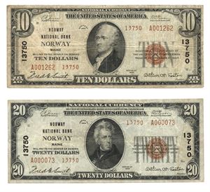 National Bank Norway, Maine, 20- og 10 dollar series of 1929.