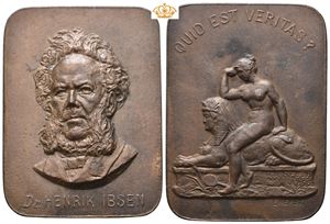 Henrik Ibsen. Plakett 1895. Bronse. 61x46 mm. Flekker på revers/spots on reverse