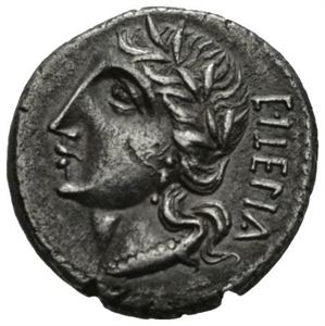 FORBUNDSFELLEKRIGEN 90-88 f.Kr, denarius. Hode av Italia mot venstre/Soldat stående mot høyre