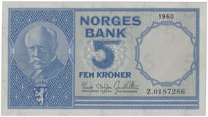 5 kroner 1960. Z.0187286. Erstatningsseddel/replacement note.